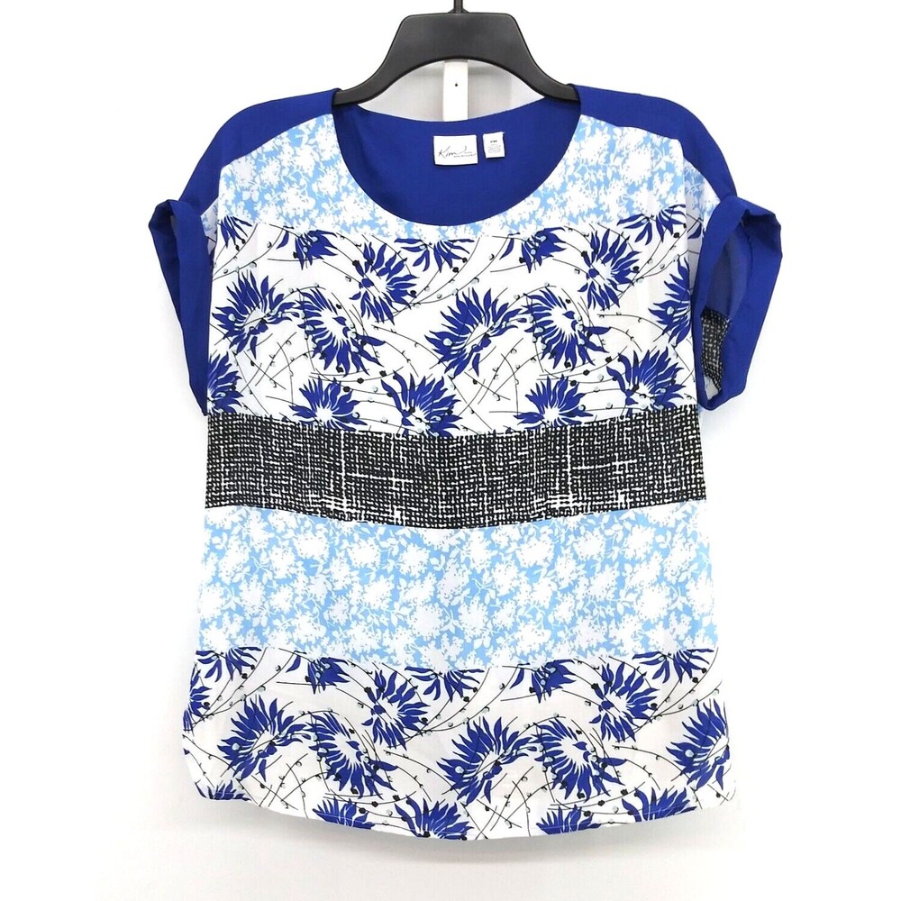 Kim Rogers Shirt Womens Size PM Blue Striped Floral Short Sleeve Pullover Top